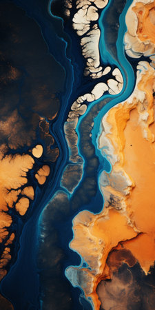 aerial abstractions of african landscapes captured by jijeko on flickr. these bold and graphic compositions showcase saturated pigment pools in shades of light orange and dark blue. the resin-like texture adds depth to the uhd image, while the contrasting hues of turquoise and beige create a captivating visual experience. ai generatedの素材