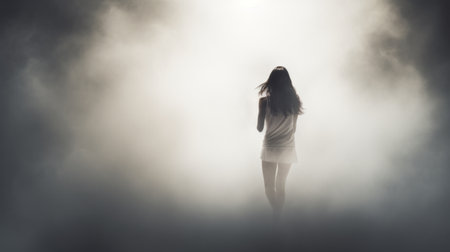 a woman stands in a silhouette amidst billowing smoke, illuminated by a radiant light. the photo captures a soft and dreamy atmosphere, with desolate landscapes in shades of dark white and gray. the image exudes unapologetic grit and showcases the contrast-focused, dreamy realism of the scene. ai generatedの素材
