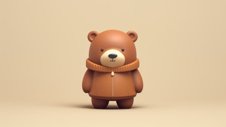 a small bear in a brown coat stands on a beige canvas, showcasing an innovative page design. rendered in cinema4d, this toycore-inspired creation features a rounded, plastic construction. its dynamic color combinations add a vibrant touch to the overall aesthetic. ai generatedの素材