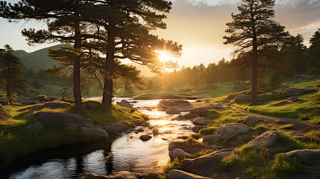 the sun rises over a rocky landscape during an early spring sunrise, capturing the essence of mark lovett's forestpunk style. the sparkling water reflections add a touch of magic to this national geographic photo, reminiscent of e.h. shepard's flowing silhouettes. the atmospheric woodland imagery creates a captivating scene. ai generatedの素材
