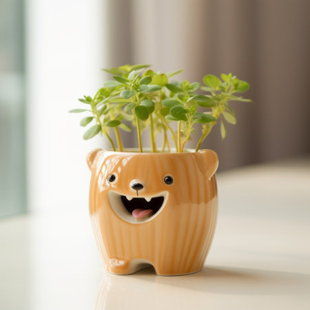 betsy planter brown bear, a cute cartoonish design in the style of lensbaby optics. this adorable bear features playful expressions and is adorned with light orange and light green colors. with selective focus and mood lighting, betsy planter adds a touch of caninecore charm to any space. ai generatedの素材