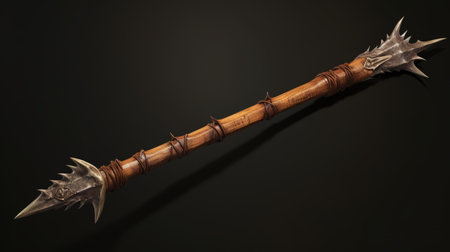 warhammer forged wooden dagger resting on a surface, showcasing contemporary chinese art style. captured in 8k resolution with a long lens, the image features twisted tangles and a tondo composition. the dagger is uniquely crafted using insects, reminiscent of traditional vietnamese craftsmanship. ai generatedの素材