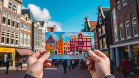 a person holds a picture of a street scene in amsterdam, showcasing bold chromaticity and a realistic perspective. the focus is on the architectural details of the vibrant and airy scenes, with a color palette dominated by sky-blue and amber tones. the photo captures the essence of amsterdam's vernacular architecture using photo-realistic techniques. ai generatedの素材