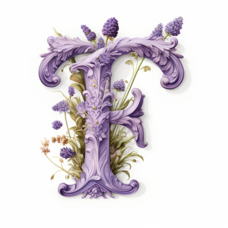 a floral letter design featuring an ornate letter "f" adorned with lavender, showcasing trompe l'oeil realism. this futuristic victorian-inspired editorial illustration combines organic sculpting and fantasy elements. the artwork draws inspiration from rococo still-lifes, offering a tender and intricate depiction of nature. ai generatedの素材