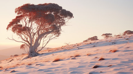a lone wooden tree stands tall on a snow-covered landscape, showcasing the beauty of the australian wilderness. the light orange and light magenta hues add a romantic touch to this delicately rendered 32k uhd photograph. the interplay of light and shadow creates a captivating visual experience, making it a perfect addition to any collection of flickr landscapes. ai generatedの素材