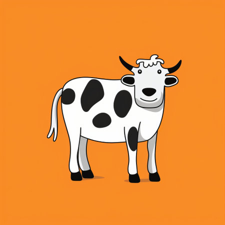 a cartoon cow stands out against an orange background in this minimalist black and white image. the high resolution captures the dignified poses of the cow, while the playful coloration adds a touch of vibrancy. the clean and simple designs create a yankeecore aesthetic, with a mottled effect adding depth to the overall composition. ai generatedの素材