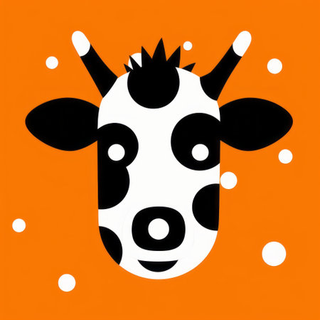 cow illustration with black horns on an orange background. the simplistic character style gives it a unique and creative look. the fisheye lens effect adds a touch of quirkiness to the image. the minimalist black and white design, combined with bold color blocks, creates a visually striking composition. this yankeecore artwork is available under the creative commons attribution license. ai generatedの素材