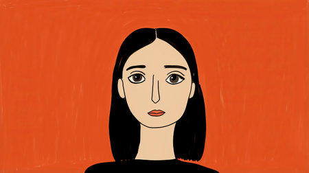 a cartoon of a woman with distinct facial features stands next to a vibrant red background. the artwork is done in a minimalistic style, with dark orange and black colors creating a symmetrical composition. the expressive portraiture showcases simple yet colorful illustrations, digitally enhanced to resemble the beauty of chinese painting. ai generatedの素材