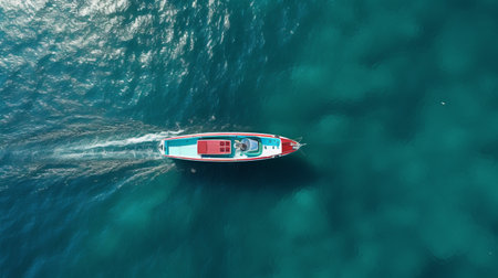a red and white boat floats gracefully in the water, showcasing a captivating blend of dark turquoise and turquoise hues. this aerial photograph captures the boat's bold and colorful lines, highlighting its streamlined design. with a sense of long distance and deep distance, this image beautifully showcases the traditional craftsmanship of the rollei prego 90. ai generatedの素材
