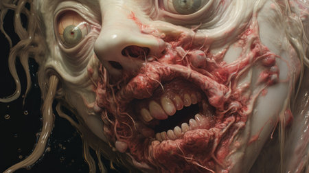 a zombie face with splattered features is depicted in this image, showcasing the unique style of realistic anamorphic art. the hyper-detailed illustrations and hyper-realistic sculptures bring out the undefined anatomy of the subject. the close-up view captures the swirling vortexes and surreal human figures, creating a captivating and eerie visual experience. ai generatedの素材