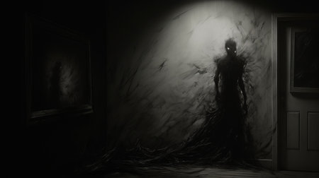 the haunted man, a dark and mysterious artwork by an unnamed artist, captures the essence of darkness. with its flowing textures and monochromatic style, this 3840x2160 piece is brought to life by the enigmatic claire-obscure lighting and mysterious backdrops. the slender figures add an eerie touch, reminiscent of the works of serge marshennikov. ai generatedの素材