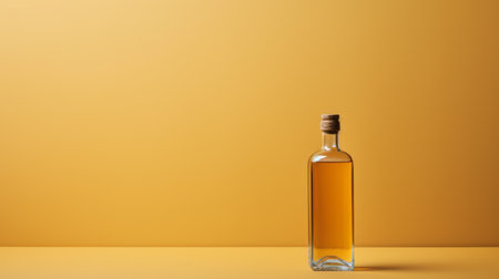 a bottle of whiskey sits on an orange background, showcasing a minimalist aesthetic. the light maroon and yellow tones create a visually appealing contrast. the image utilizes focus stacking to ensure clarity throughout. the composition is sparse and simple, embodying the minimalist purity. this photograph by atey ghailan is texture-based, adding depth to the overall visual appeal. ai generatedの素材