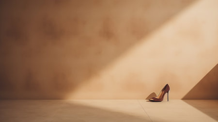 flat woman's high heel shoe in front of a wall, rendered in 3d with soft atmospheric light. the shoe features a combination of light red and brown tones, creating a visually striking contrast. the image showcases tonal sharpness and a minimalist backdrop, reminiscent of the 1970s to the present era. the play of light and shade adds depth and intrigue to the composition. ai generatedの素材
