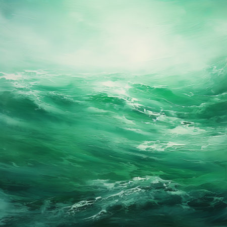a painting depicting a tropical wave crashing over vibrant green water, capturing an ominous vibe with its monochromatic depth. this large canvas artwork, created by an english painter, showcases the artist's skill in speedpainting and their ability to evoke a gloomy yet rich atmosphere. the painterly surfaces add depth and texture to the overall composition. ai generatedの素材