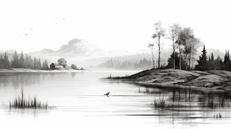 a black and white digital painting of a lake surrounded by trees and white clouds. this accurate ornithological artwork showcases hazy scottish landscapes with elegant inking techniques. the 8k resolution allows for clear and precise details, especially in the bird art. ai generatedの素材