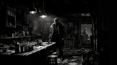 main character standing in a dark room with lights, featuring monochrome landscapes, lively tavern scenes, realistic and hyper-detailed renderings, farm security administration aesthetics, inkblots, leatherhide, and digital art techniques. ai generatedの素材