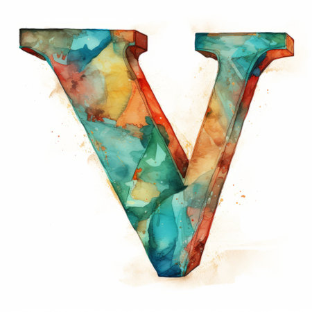 watercolor letter v painted on a white background with different colors, including dark orange and dark aquamarine. the surrealistic detail and use of impasto technique create an innovative page design. this graphic design features a combination of light turquoise and dark red, showcasing an eclectic curatorial style. ai generatedの素材