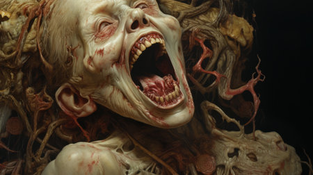 a zombie-inspired skull, intricately depicted with realistic and hyper-detailed renderings, is showcased amidst a backdrop of branches. the composition exudes a trompe-l'oeil illusionistic effect, capturing the viewer's attention with its grotesque beauty. this genre painting embodies the unique aesthetic of mushroomcore, featuring twisted characters and an abundance of intricate details. ai generatedの素材