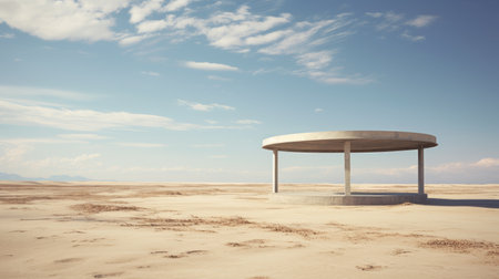 the large white square-shaped shelter stands as the last building in this desert city, with the sun setting across the sky. inspired by artists like gabriel isak, berndnaut smilde, and scarlett hooft graafland, this photo captures the essence of realistic seascapes, realistic textures, minimalistic objects, and photorealistic surrealism. ai generatedの素材