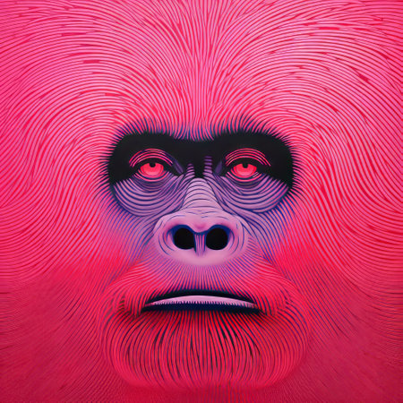 johnny hyles' follicle piece showcases a hyper-realistic animal illustration in the style of alex petruk ape. the artwork features vibrant pink and crimson colors, reminiscent of illusory wallpaper portraits. inspired by the art of the congo, this piece captivates with its fluorescent colors, creating a visually stunning and vivid composition. shot on fujifilm eterna vivid 500t, this photo captures the intricate details of the artwork.の素材