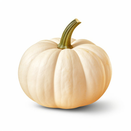 a white pumpkin with a green stem is showcased on a clean white background. this high-resolution photo captures the pumpkin's light orange and light indigo hues, creating an intense color saturation. the image also features hints of light yellow and light maroon, adding subtle tonal values. with a crisp and clean look, this photo exudes a booru aesthetic. ai generatedの素材
