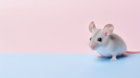 a mouse is positioned against a vibrant pink and blue background, showcasing a minimal retouching style. the image captures the animal's intensity, with soft color blending and a touch of kimoicore aesthetic. the lighting features a combination of light white and light amber, utilizing innovative techniques such as rtx. ai generatedの素材