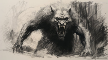 an art gallery showcasing black and white art, featuring a captivating werewolf piece by art4life21. the artwork, rendered in the style of brunaille underpainting, measures 3840x2160 pixels and highlights intricate character design. the use of chalk and charcoal printing creates a dark gray aesthetic, while the composition also includes elements of a manticore, adding an expansive touch to the overall piece. ai generatedの素材