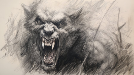 a werewolf drawing by michael wetzelmann, featuring dramatic brushwork and an extreme angle. this apocalypse art piece showcases raw and confrontational figures, with a strong emphasis on character design. created using chalk, the artwork measures 3840x2160 pixels. ai generatedの素材