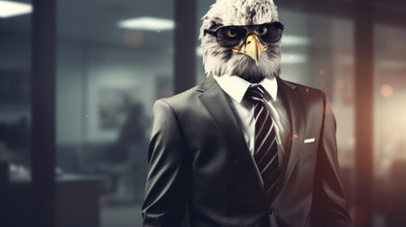 an eagle, dressed in a black and white suit, complete with a tie, sunglasses, and polished shoes, exudes the aura of an epic ceo boss. the photorealistic style captures the eagle in a walking position, showcasing its cute-meets-boss style. with a depth of field, cinematic lighting, and ultra hd quality, this 32k image is truly captivating. ai generatedの素材