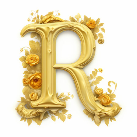 the golden flower letter "r" stands out against a clean white background. this realistic still life painting showcases hyper-detail, combining elements of futuristic victorian aesthetics. the sculpted appearance adds depth to the bold lettering, making it a perfect choice for personal iconography or a website design. ai generatedの素材