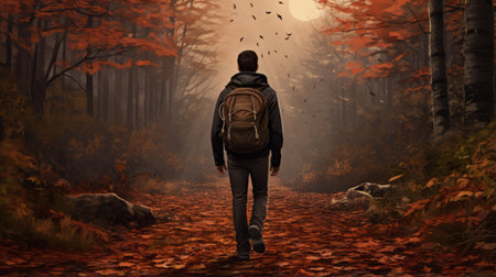 a man walks through a forest, carrying a backpack, in this darkly romantic illustration. the image features a color palette of dark orange and bronze, creating a hauntingly beautiful atmosphere. the photorealistic portraits and digitally enhanced details give the illustration a captivating and realistic feel. this contest-winning artwork is reminiscent of the style of the hudson river school. ai generatedの素材
