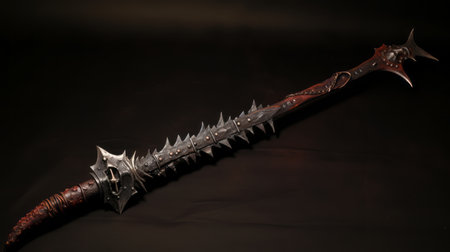 the warcraft game replica blade is a long fantasy sword with a harsh realism design. it features spiky mounds and a color palette of dark brown and gray. captured with a rodenstock imagon 300mm f5.8 lens, this photo showcases the industrial and product design elements of the blade from an extreme angle. ai generatedの素材