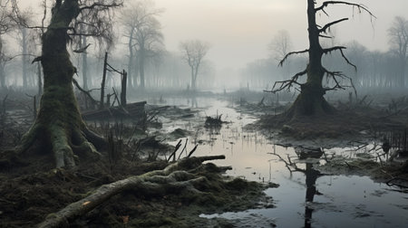 a misty and atmospheric photo captured by the dusseldorf school of photography, showcasing swamps with trees growing in them. this national geographic image, taken with the hasselblad h6d-400c, features a hauntingly beautiful scene with burned and charred elements. the chilling creatures and the ultra-high-definition quality of the image add to its captivating allure. ai generatedの素材