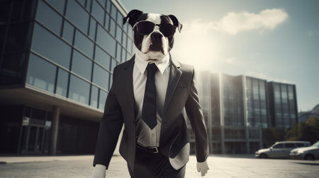 a dog dressed in a black and white suit, complete with a tie, sunglasses, and polished shoes, exudes an epic ceo boss vibe. the photorealistic style captures the dog in a walking position, showcasing its cute-meets-boss style. with a depth of field, cinematic lighting, and ultra hd resolution, this 32k image is truly captivating. ai generatedの素材