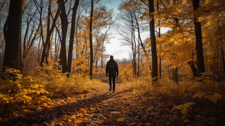 a woman walks through a vibrant autumn forest, surrounded by fallen leaves. this picturesque scene, captured with a nikon d850 camera, resembles the richly colored skies often depicted in the works of artist alex colville. the use of a tokina at-x 11-16mm f/2.8 pro dx ii lens adds depth to the dark orange and yellow hues, reminiscent of the hyperrealistic landscapes of george inness. aiの素材