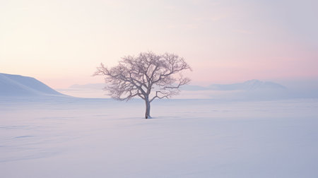 a man is seen lying on the ground in front of a tree, capturing the essence of minimalist landscapes. the photo showcases a combination of light cyan and pink hues, reminiscent of serene snow scenes in the norwegian nature. the richly colored skies add an ethereal touch to this captivating landscape, captured with the rodenstock imagon 300mm f58 lens. ai generatedの素材