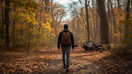 a man with a backpack walks through a picturesque fall woods, immersing himself in the beauty of the natural landscape. this photo captures the essence of queer academia and working-class empathy, while also incorporating elements of vfxfriday and dutch genre scenes. the warm tones of light amber and brown add to the strong emotional impact, creating a seamless integration between the man and the canvasの素材