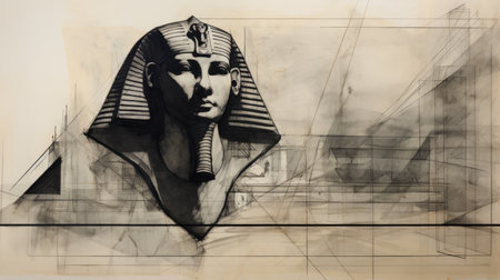 an egyptian head sketch on paper, featuring detailed architectural elements and monumental sculptures. the style is reminiscent of brian mashburn and richard schmid, with precisionist lines. this outdoor art piece captures the essence of egyptian culture, drawing inspiration from the works of ramses younan. ai generatedの素材