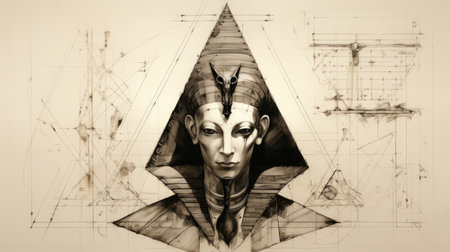the photo showcases an abstract and conceptual sketch of the heads of egyptian kings, depicted with layered geometry and futuristic realism. the artwork is presented in a sepia tone, resembling murals and wall drawings. the polished metamorphosis and fantasy-inspired elements add a unique touch to this captivating piece of art. ai generatedの素材