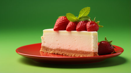 a slice of strawberry cheesecake on a green background. high-resolution image capturing the texture and details of the dessert. perfect for stock photo use. ai generatedの素材