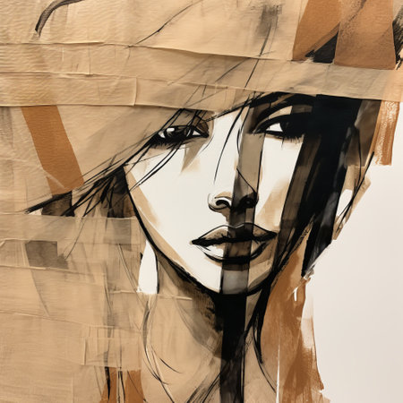 a paper taped painting featuring a modern portrait in the style of anna bocek. the artwork showcases a combination of dark beige and black colors, with broad palette knife marks creating chic illustrations. created by dimitra milan, this high-resolution piece exhibits a captivating mix of layers and lines. ai generatedの素材