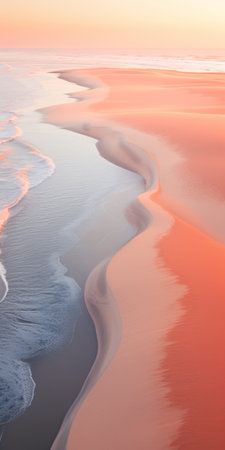 an aerial view of an otherworldly landscape showcasing an ocean of sand dunes with smooth and curved lines. the light pink and orange hues create a surreal atmosphere, while the vray tracing enhances the details of the scene. the leica m10 captures the mesmerizing combination of light red and gray tones, resulting in a captivating and abstract composition. ai generatedの素材