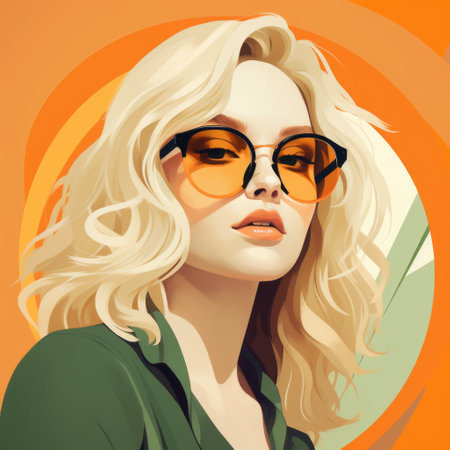 a vector illustration of a girl with glasses, showcasing vibrant realism. the illustration features a dramatic use of shadows, with a color palette dominated by light orange and amber tones. the style is reminiscent of the 85 new wave, with detailed character illustrations in green and amber hues. ai generatedの素材
