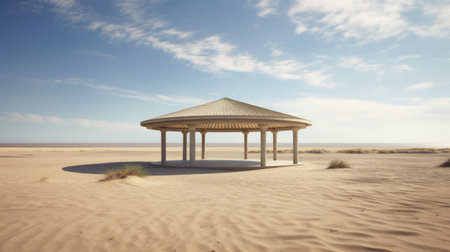a gazebo, inspired by the minimalist style of john pawson, stands gracefully on the edge of a breathtaking desert landscape. this stunning structure showcases the artistic influences of conrad shawcross and louise bourgeois, with intricate ceiling designs that captivate the eye. the photo is captured in mesmerizing 8k resolution, highlighting the beauty of the concrete art. ai generatedの素材
