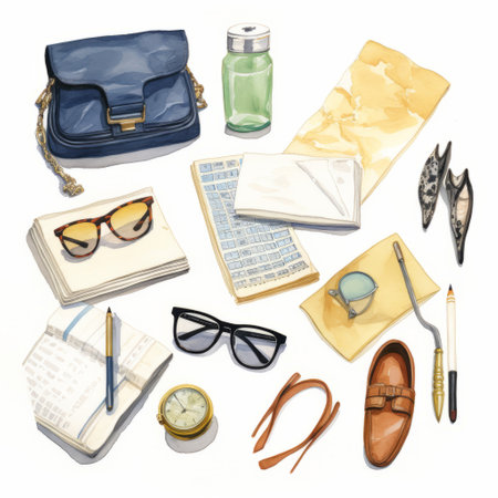 a collection of everyday objects including books, paper, pens, sunglasses, and a pocket book are arranged on a white flat surface. the watercolor-style illustrations showcase a blend of blue and amber tones, reminiscent of fashion illustrations. the composition, inspired by bernardo strozzi, features realistic and detailed renderings, creating a busy yet captivating scene. ai generatedの素材