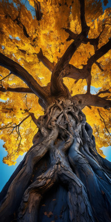 a photo showcasing the grandeur of a giant gnarly old tree covered with blue and yellow leaves, taken from a grassy eye-level perspective. the upshot captures the intricate details of the tree's branches, while the upward angle shot provides a captivating bottom-up perspective. the skyward view adds to the ethereal atmosphere, creating a fantasy-like scene during the golden hour. ai generatedの素材