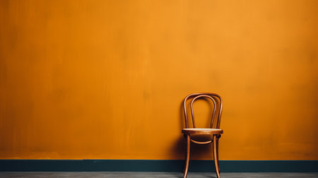 a chair is positioned against the wall in a vibrant orange colored room. the photograph captures a soft focus nostalgia, reminiscent of the artistic styles of ernest zacharevic and vincent van gogh. the minimalist background enhances the focal point of the bentwood chair. this captivating image was captured using the tokina opera 50mm f14 ff lens, creating an installation-based composition. ai generatedの素材