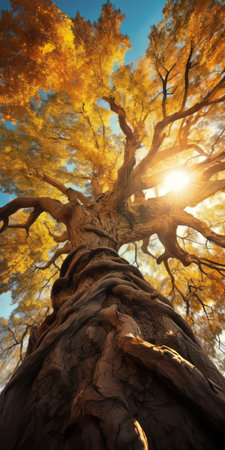 a photo of a giant gnarly old tree covered with blue and yellow leaves, taken from a grassy eye-level view. the upshot captures the grandeur of scale and intricate details of the tree. the upward angle shot provides a bottom-up perspective, showcasing the tree's skyward view. the golden hour lighting creates an ethereal atmosphere, adding a touch of fantasy to the scene. ai generatedの素材