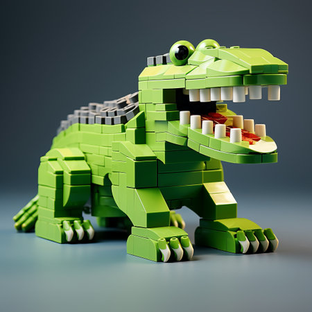 a green lego alligator with jagged edges appears to be chewing on an object. this bold and graphic composition, created in the style of vray tracing, showcases flat color blocks and a monochromatic color scheme. the use of daz3d adds depth and realism to the scene, while the inclusion of rtx on enhances the overall visual quality. ai generatedの素材