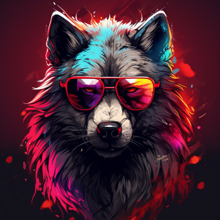 an acrylic print featuring a wolf wearing sunglasses stands out on a black background. the artwork showcases a detailed character design with vibrant gradients, creating a realistic genre scene. the magenta and amber hues, along with expressive strokes, add depth to the image. the combination of dark red and sky-blue colors enhances the overall impact, despite the low resolution. ai generatedの素材